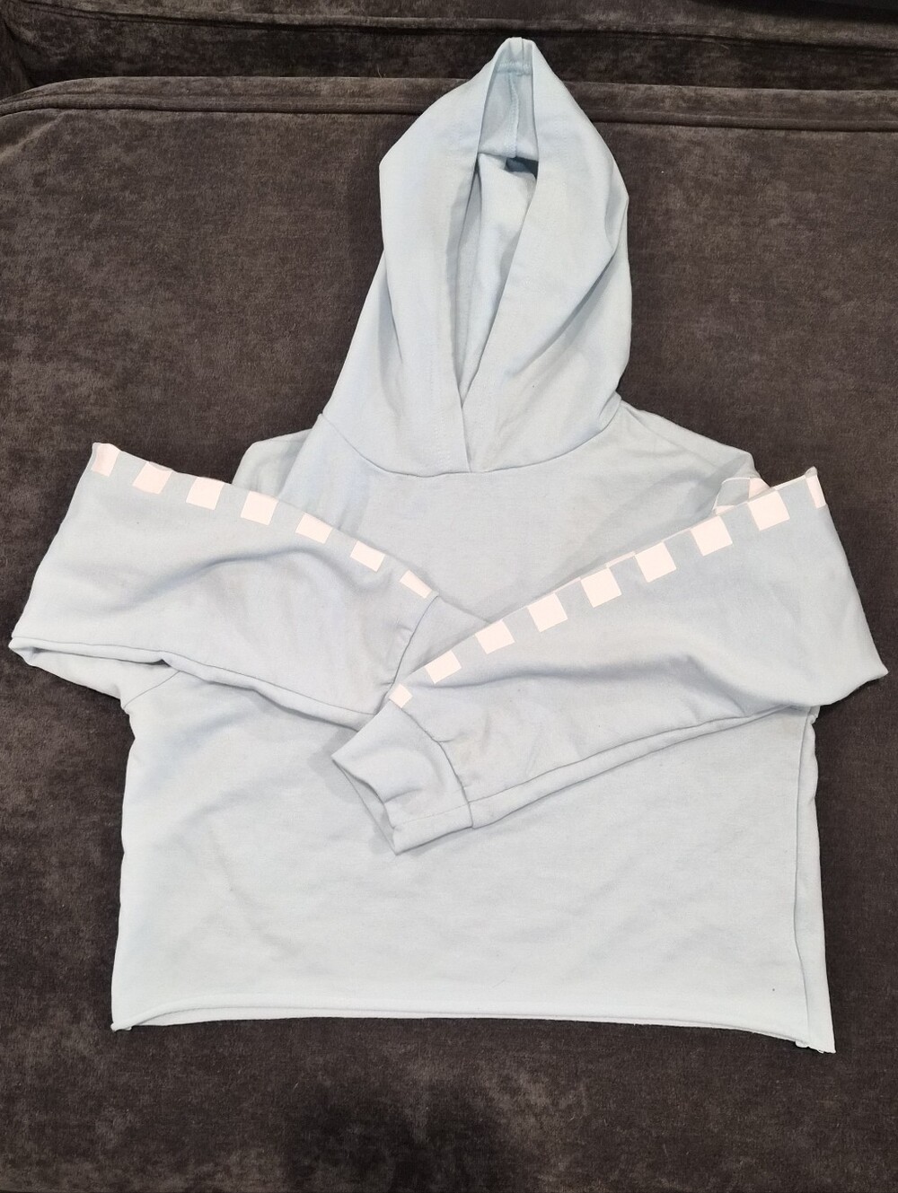 Light Blue Cropped Hoodie with Checker Stripe